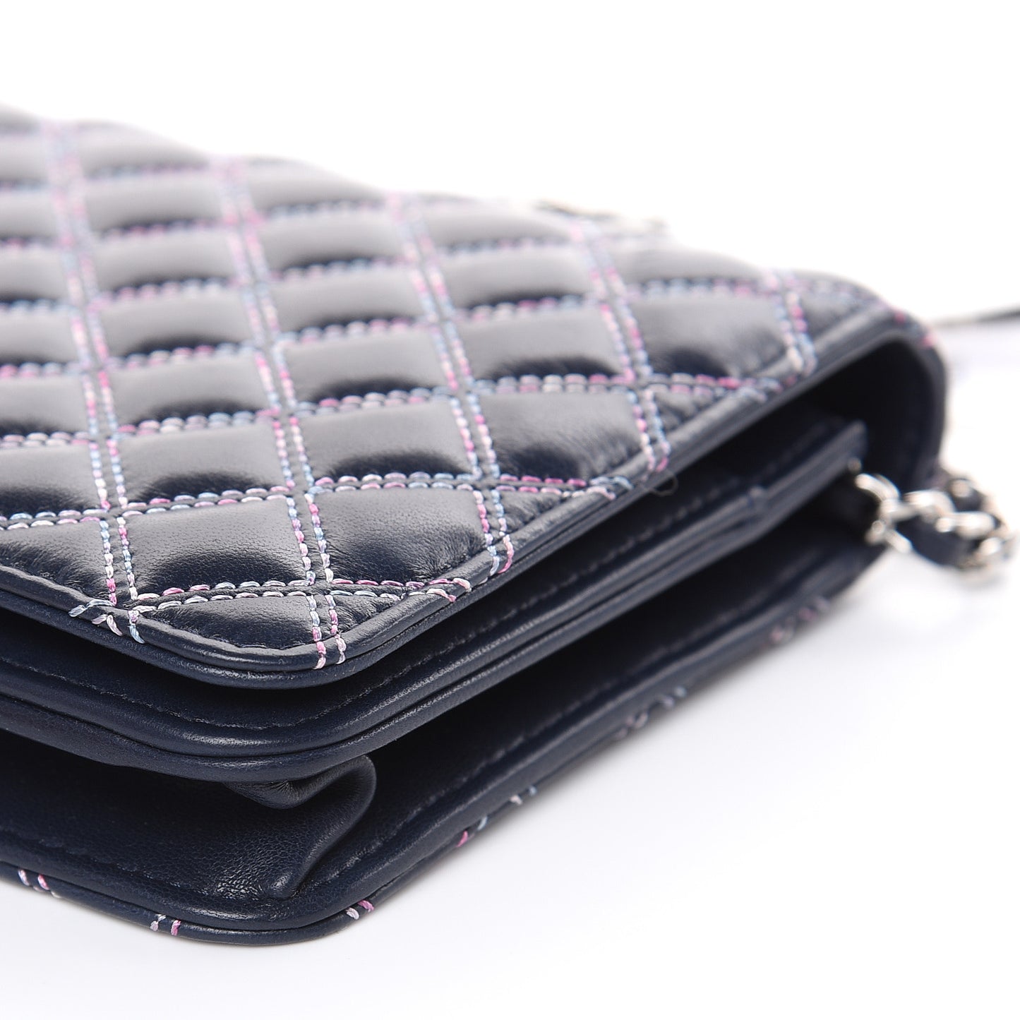 Lambskin Double Quilted Stitch Wallet On Chain WOC Navy Blue