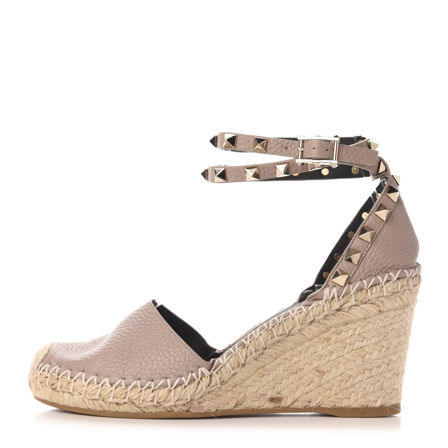 Valentino Garavani Grained Calfskin Rockstud Ankle Wrap Espadrille 15/85mm Wedges 36 Poudre Natural 1 of 7