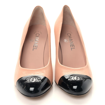 Chanel Crumpled Calfskin Patent Cap Toe CC Pumps 38 Pink Black 2 of 8
