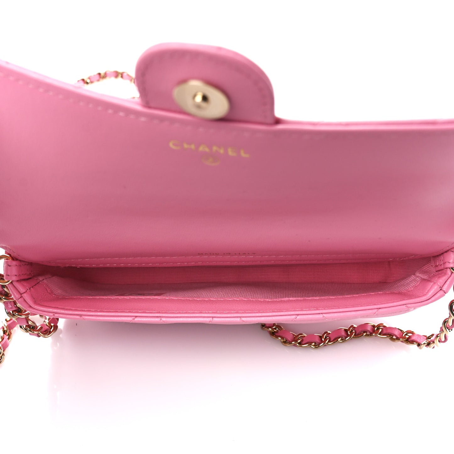 Lambskin Quilted Flap Phone Holder With Chain Pink