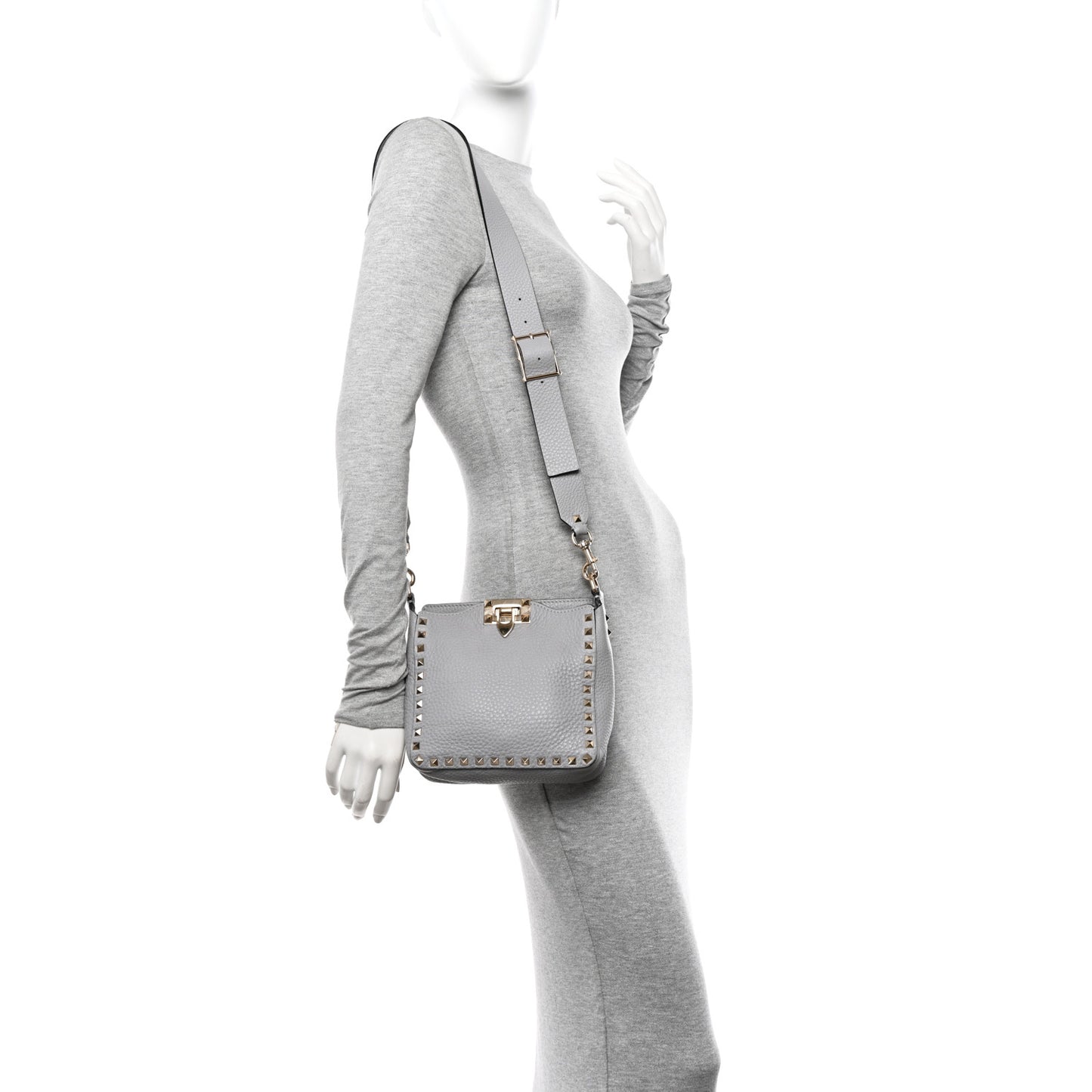 Pebbled Calfskin Mini Rockstud Flip-Lock Messenger Bag Pastel Grey