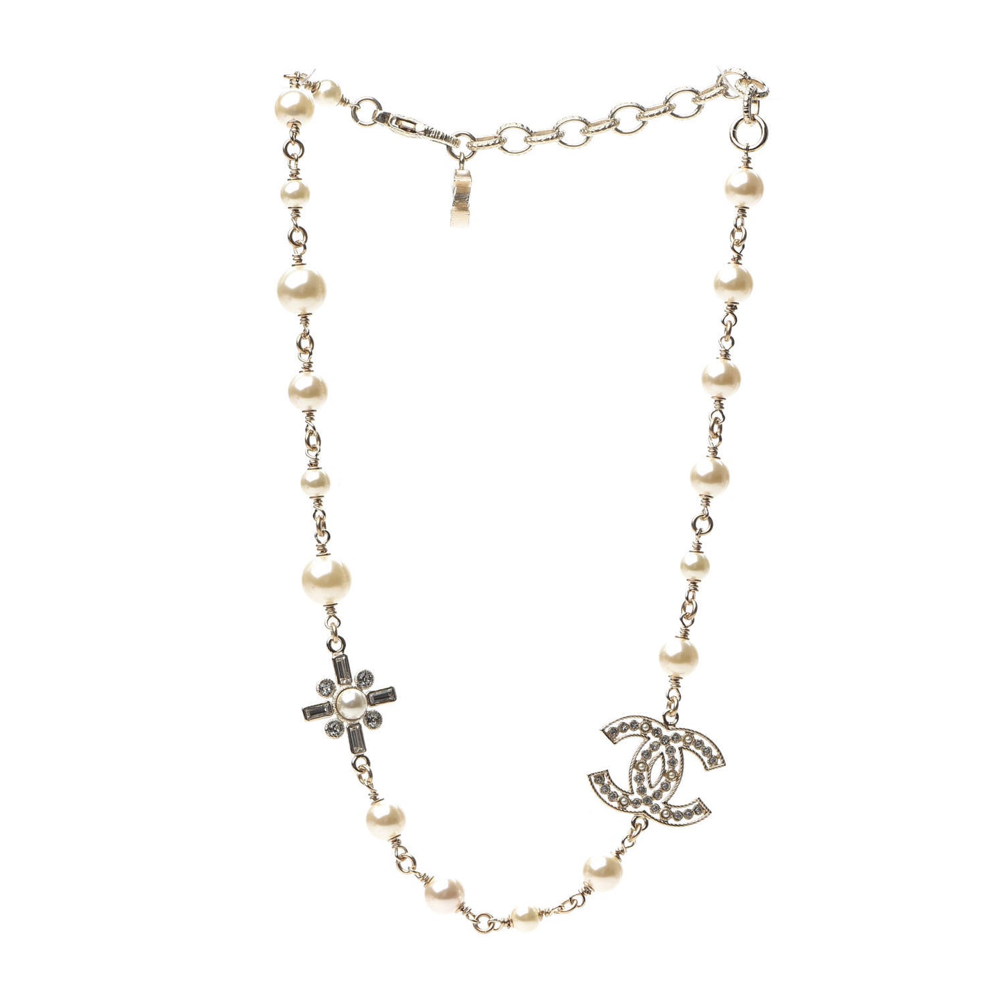 Crystal Baguette Pearl CC Cross Necklace Gold