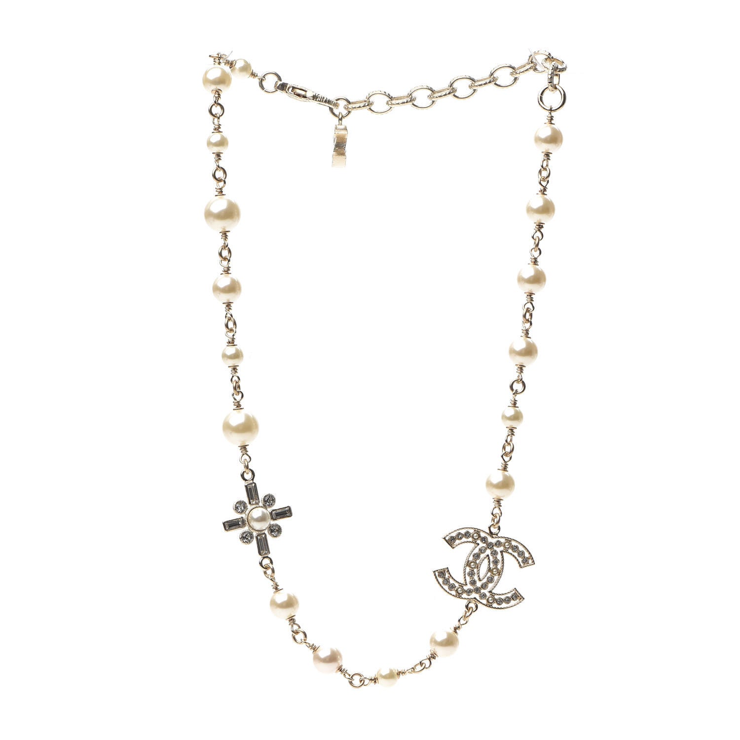 Chanel Crystal Baguette Pearl CC Cross Necklace Gold 2 of 4