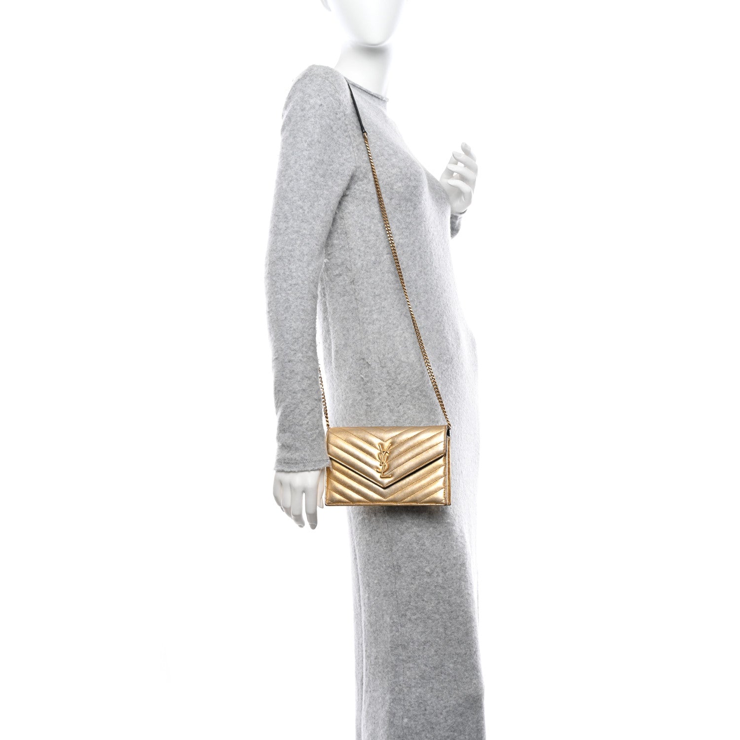 Saint Laurent Metallic Calfskin Matelasse Chevron Monogram Envelope Chain Wallet Antic Gold 2 of 14