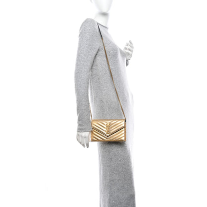 Saint Laurent Metallic Calfskin Matelasse Chevron Monogram Envelope Chain Wallet Antic Gold 2 of 14
