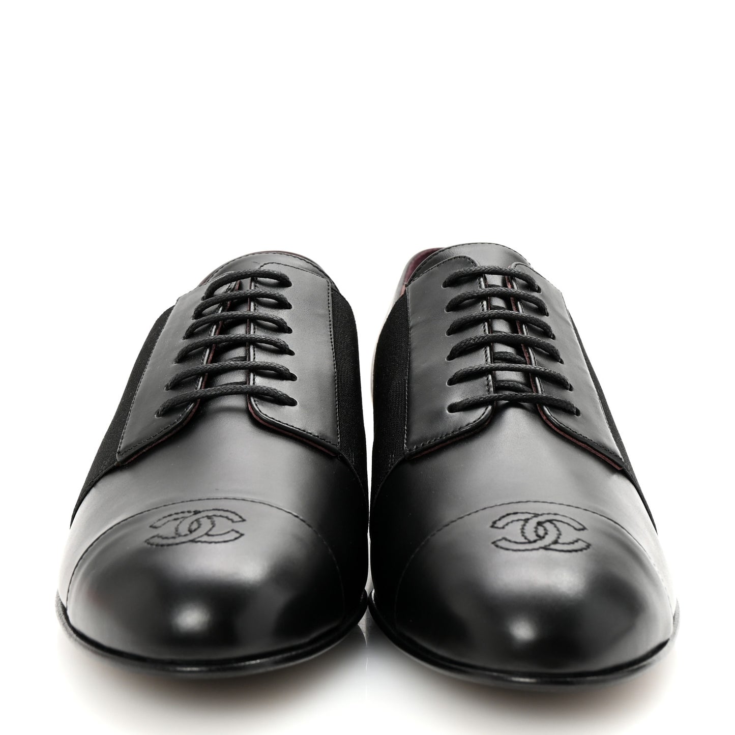 Calfskin Elastic Lace Up Cap Toe CC Loafers 40 Black