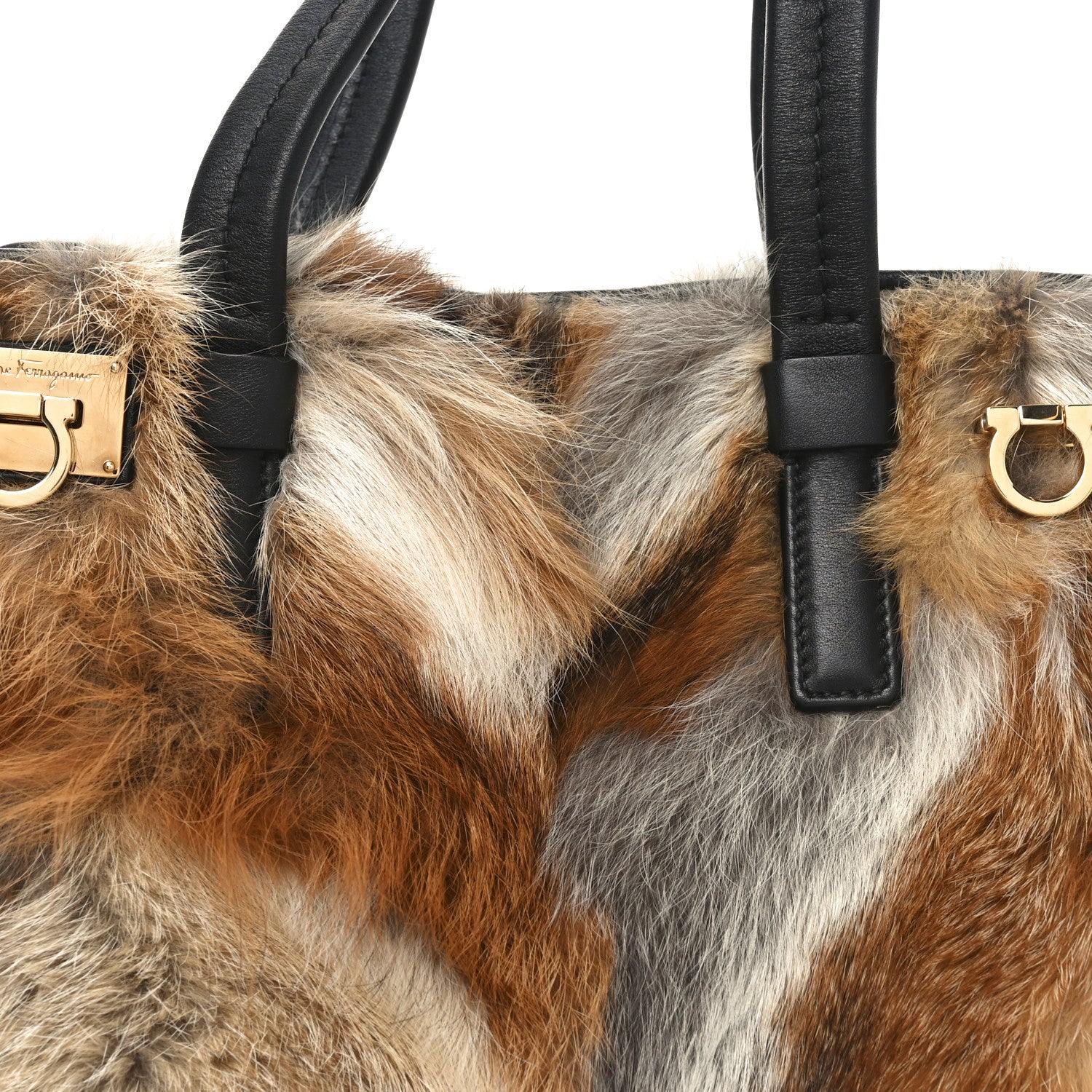 Salvatore Ferragamo Calfskin Fox Fur Medium Verve Double Zip Tote Black Multicolor 7 of 9