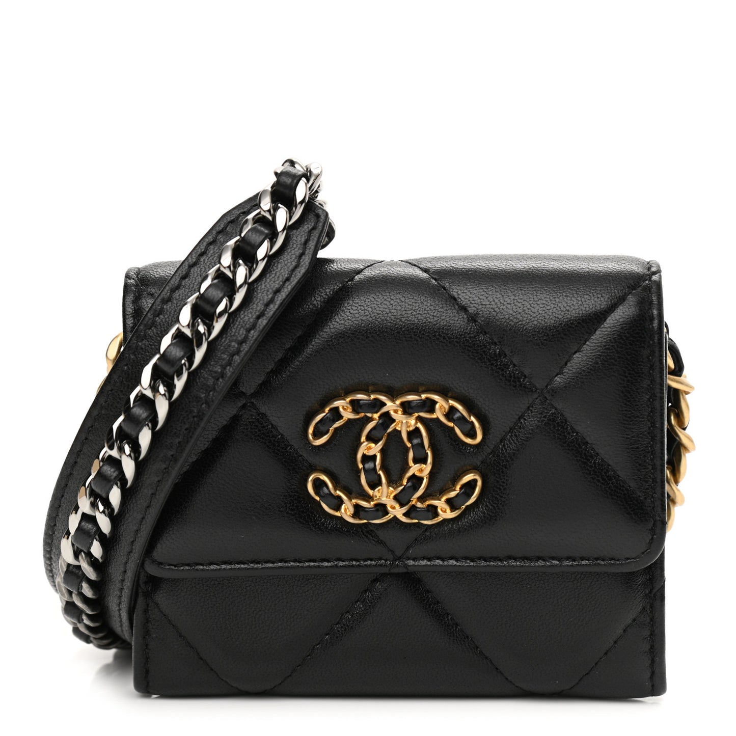 Lambskin Quilted Chanel 19 Flap Coin Purse With Chain Black