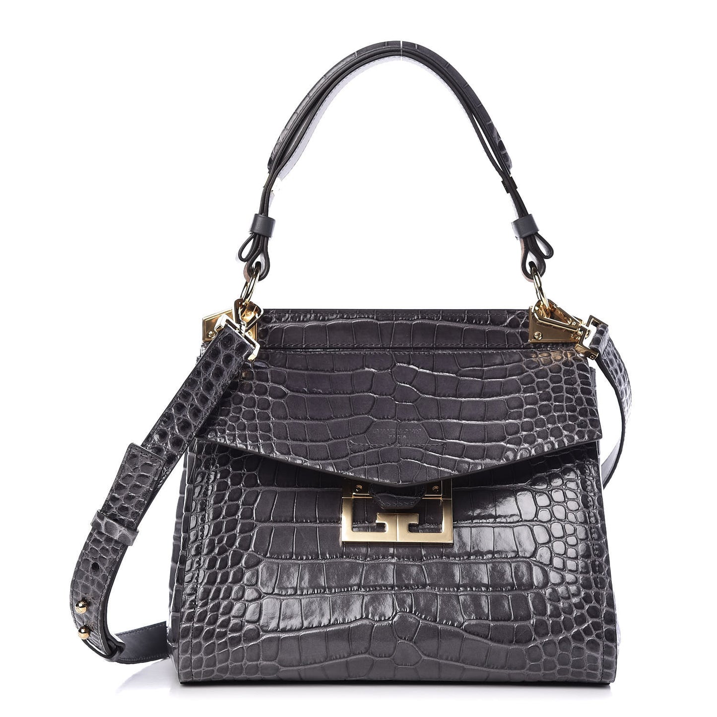 Calfskin Crocodile Embossed Small Mystic Shoulder Bag Storm Grey