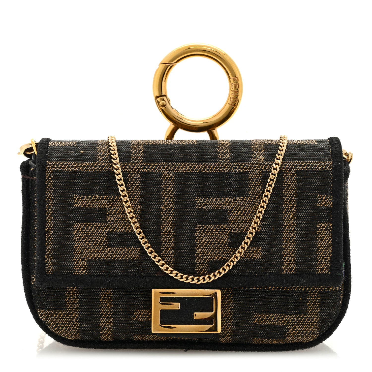 Fendi Fabric Jacquard FF 1974 Nano Baguette Charm Tobacco Moro Black 1 of 8