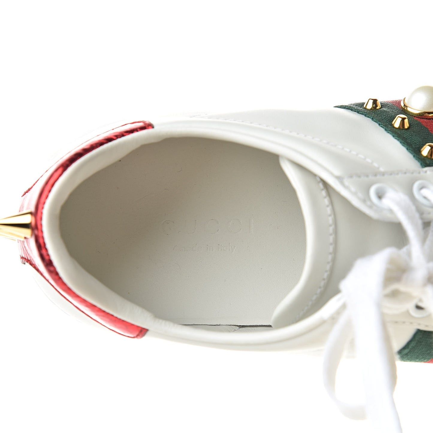 Calfskin Web Pearl Studded Womens Ace Sneakers 35 White