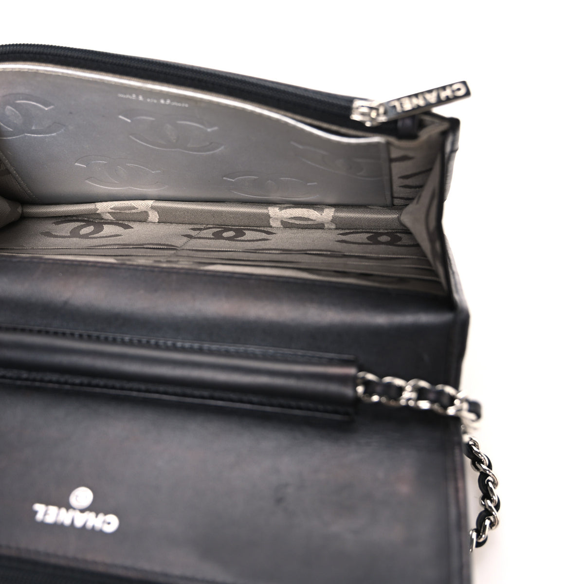 Calfskin Quilted Cambon Wallet on Chain WOC Black Silver