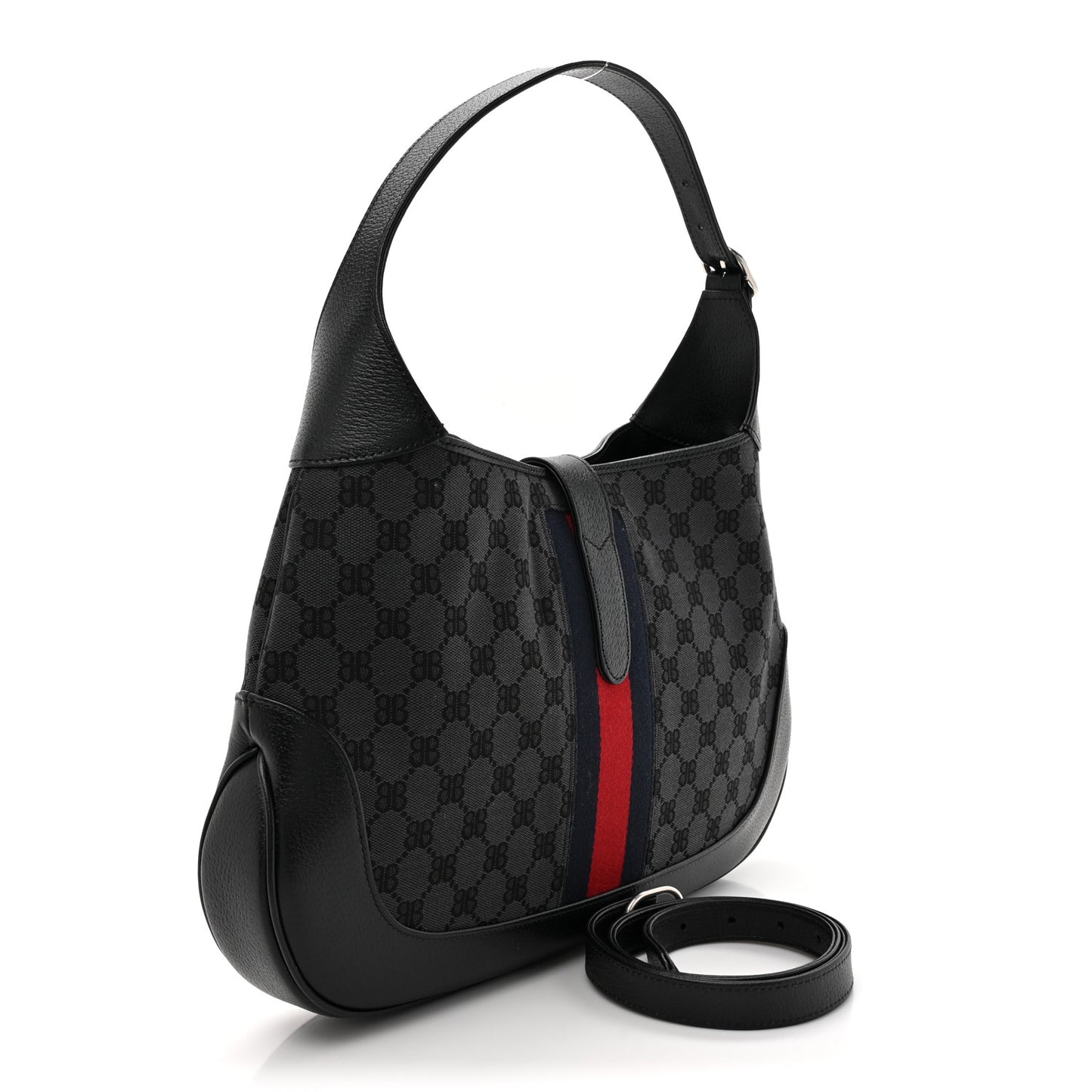 X BALENCIAGA Supreme Monogram Calfskin Web Medium Jackie 1961 Hobo Black