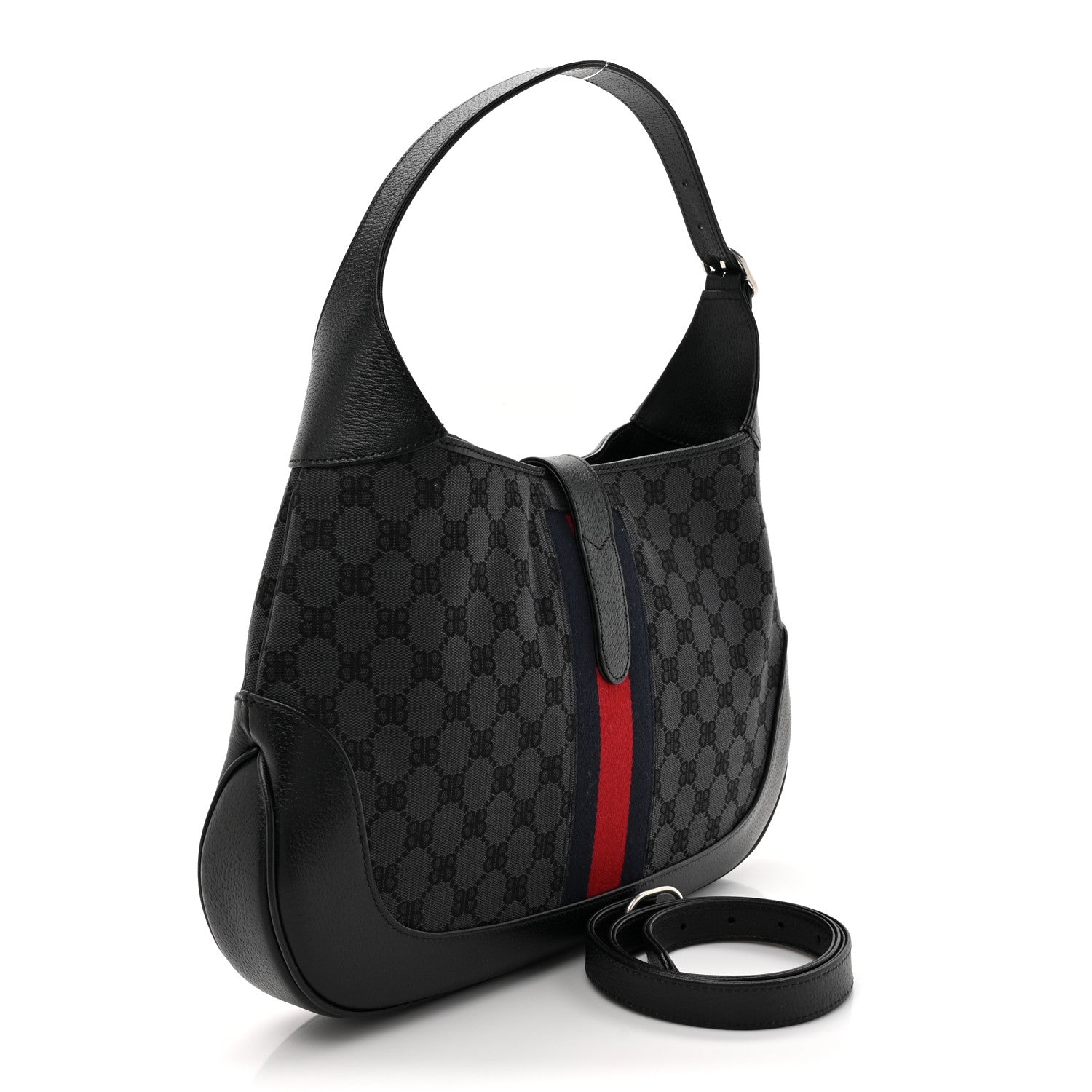 Gucci X BALENCIAGA Supreme Monogram Calfskin Web Medium Jackie 1961 Hobo Black 3 of 10