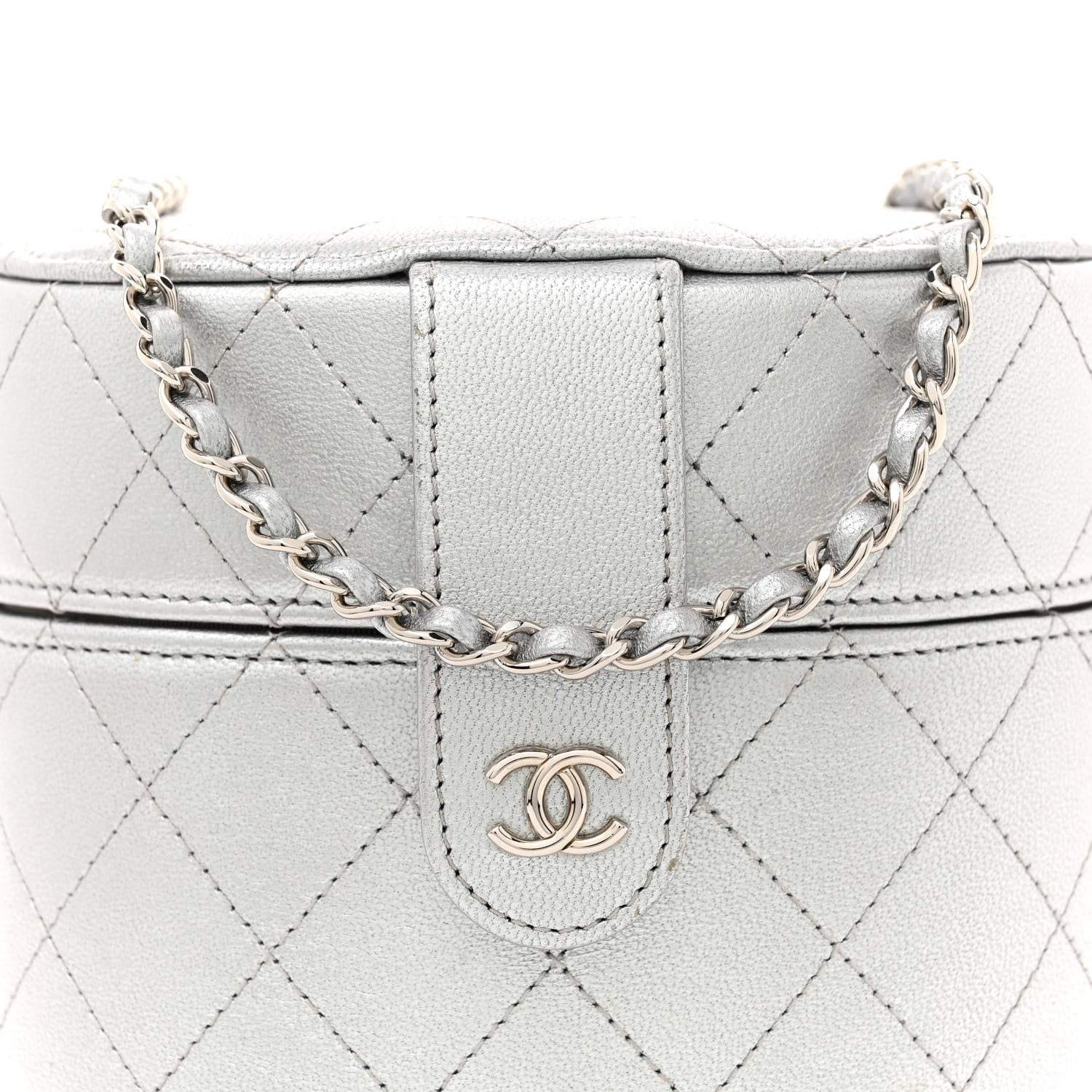 Chanel Metallic Lambskin Quilted Round Vanity Case With Chain Silver 8 of 10