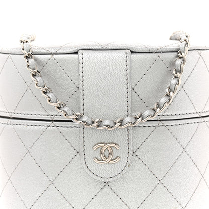 Chanel Metallic Lambskin Quilted Round Vanity Case With Chain Silver 8 of 10