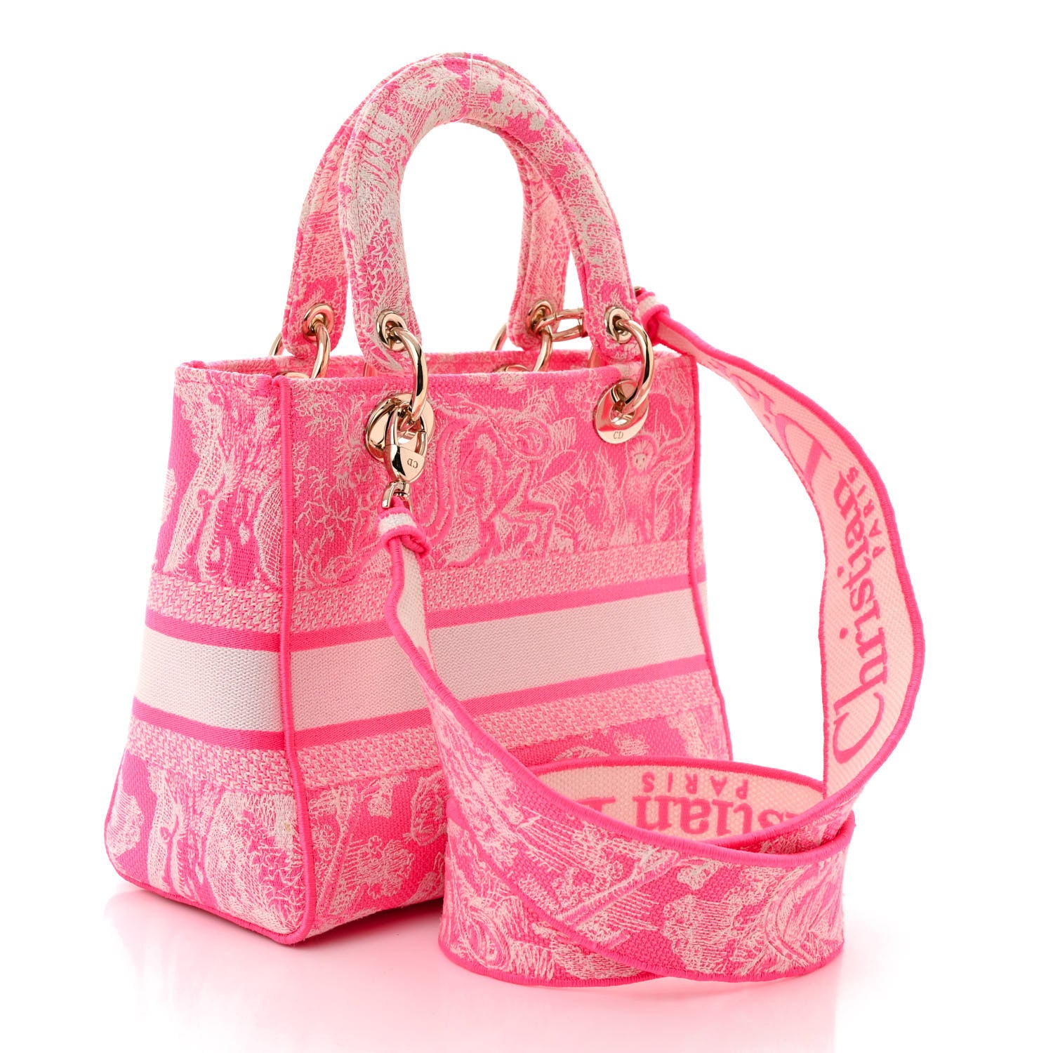 Christian Dior Canvas Toile De Jouy Reverse Embroidered Medium Lady D-Lite Fluorescent Pink 3 of 10