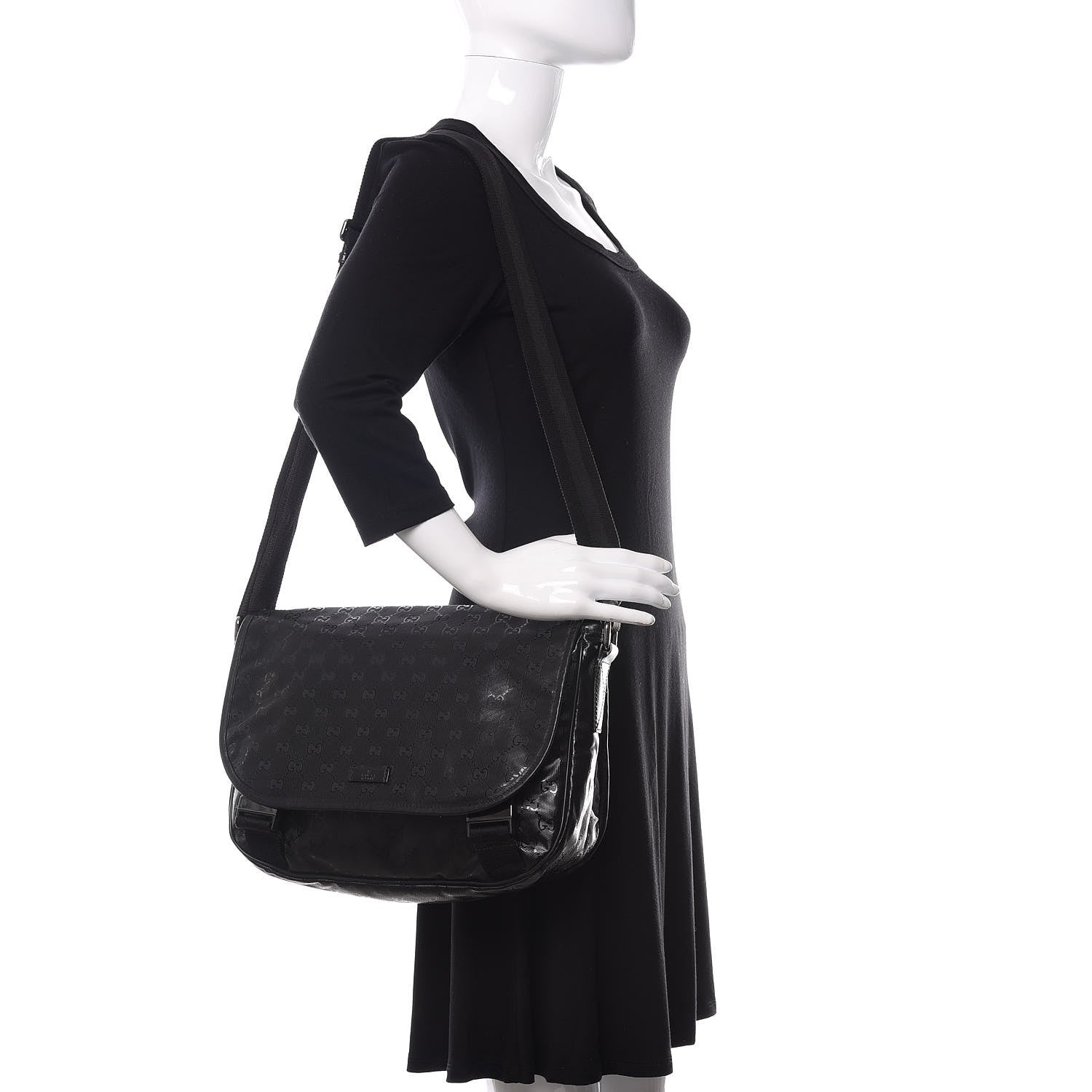 Gucci Imprime Monogram Medium Double Buckle Flap Messenger Bag Black 2 of 13
