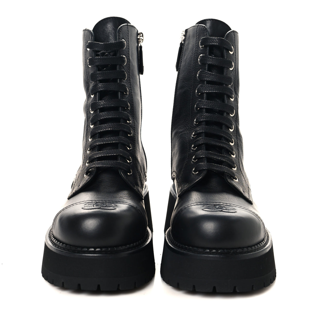 Calfskin Cap Toe Lace Up Combat Boots 38 Black