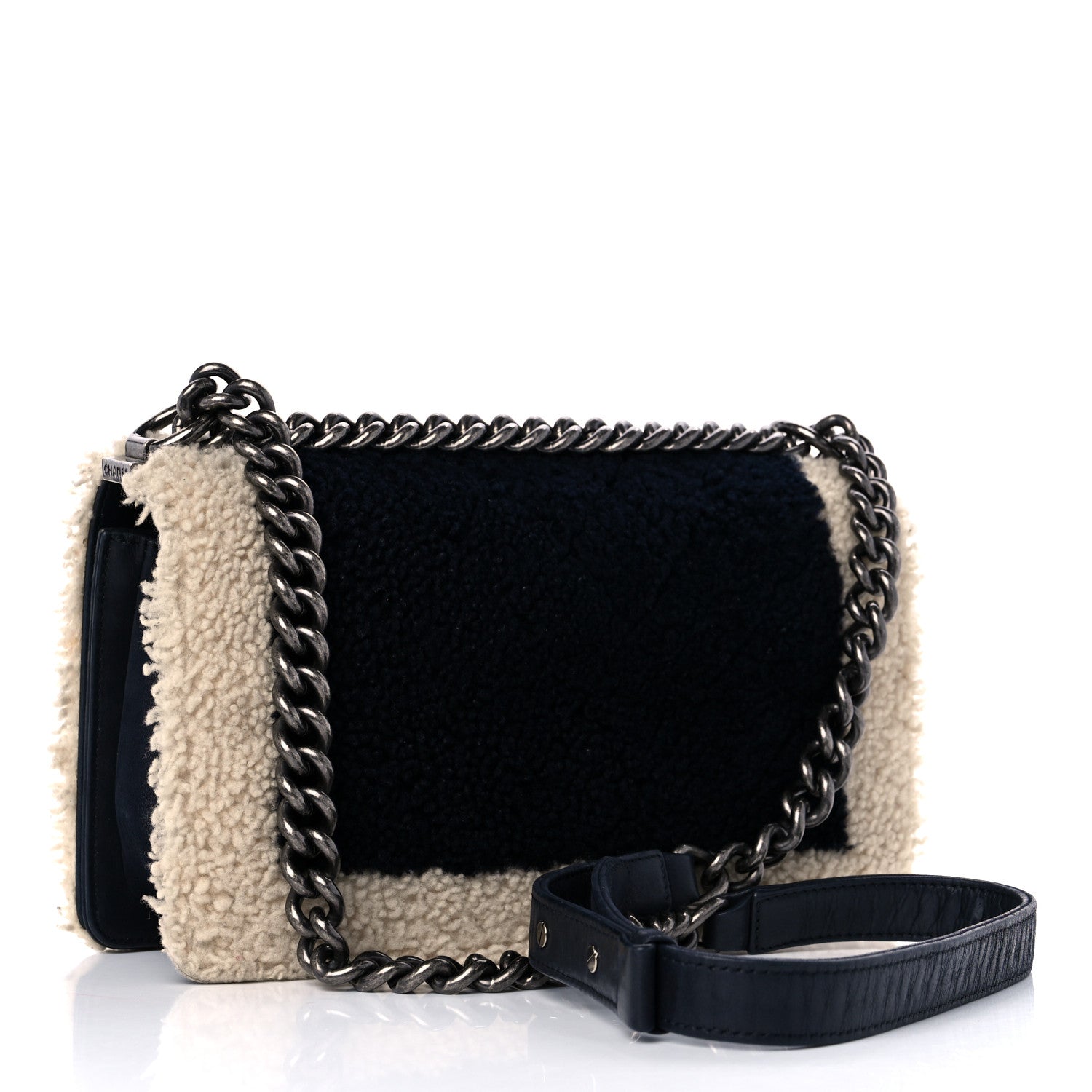 Chanel Shearling Iridescent Calfskin Medium Boy Flap Navy 2 of 11