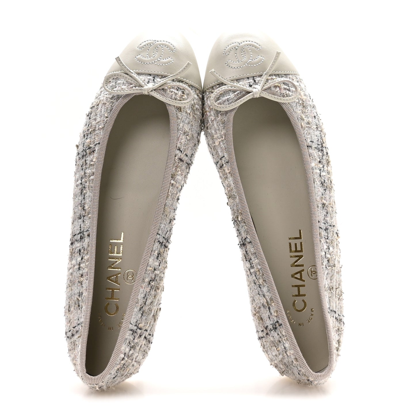 Wool Cotton Tweed Lambskin Cap Toe Ballerina Flats 37.5 Gray Black Gold