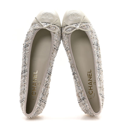 Chanel Wool Cotton Tweed Lambskin Cap Toe Ballerina Flats 37.5 Gray Black Gold 2 of 9