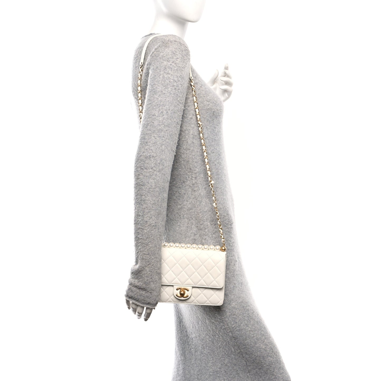 Lambskin Quilted Small Chic Pearls Flap White