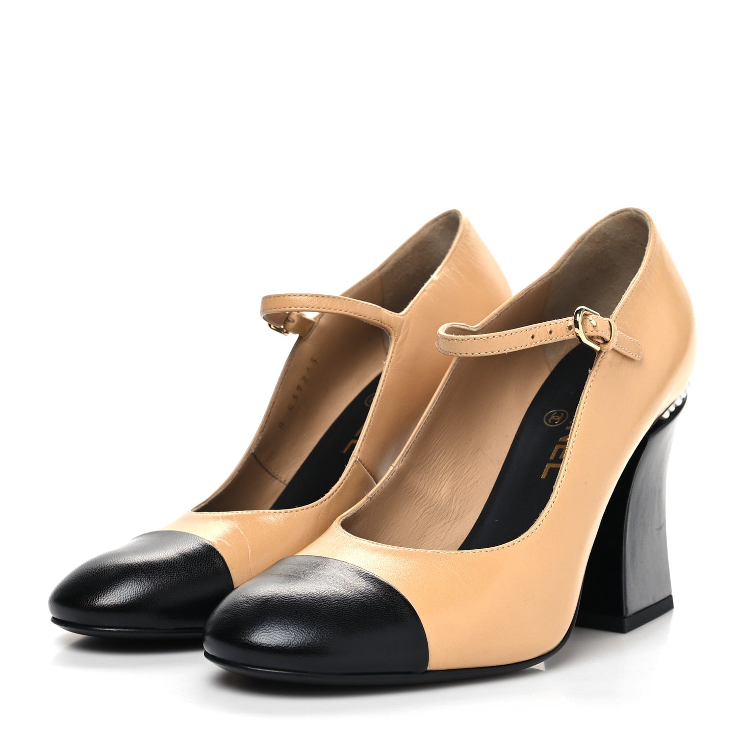 Shiny Goatskin Pearls Cap Toe Open Slingback Pumps 39 Beige Black