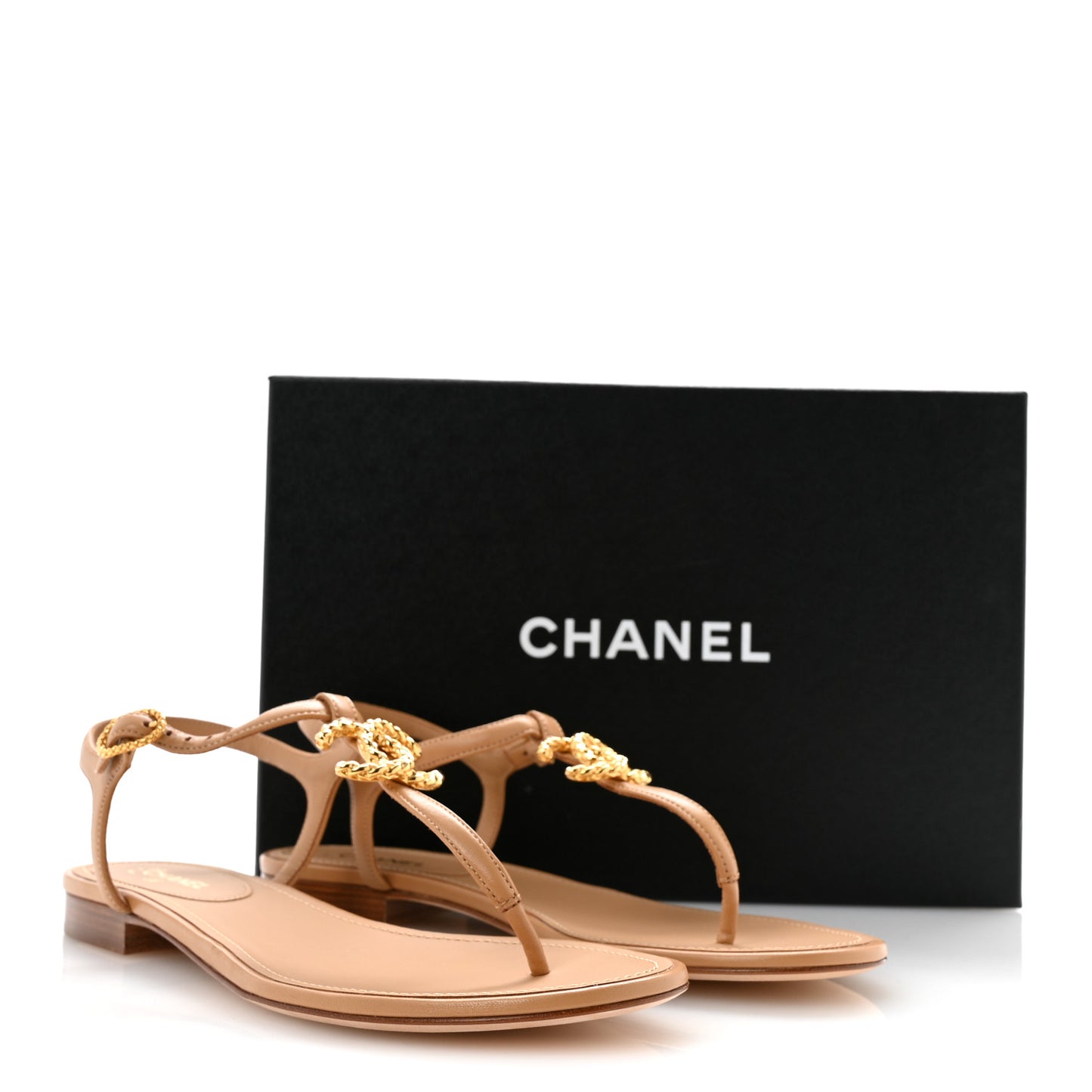 Lambskin CC Logo Thong Sandals 39 Light Brown