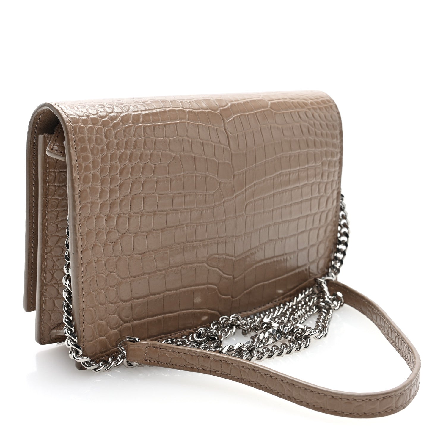 Saint Laurent Calfskin Crocodile Embossed Kate Monogram Tassel Chain Wallet Dark Beige Dark Beige 3 of 9