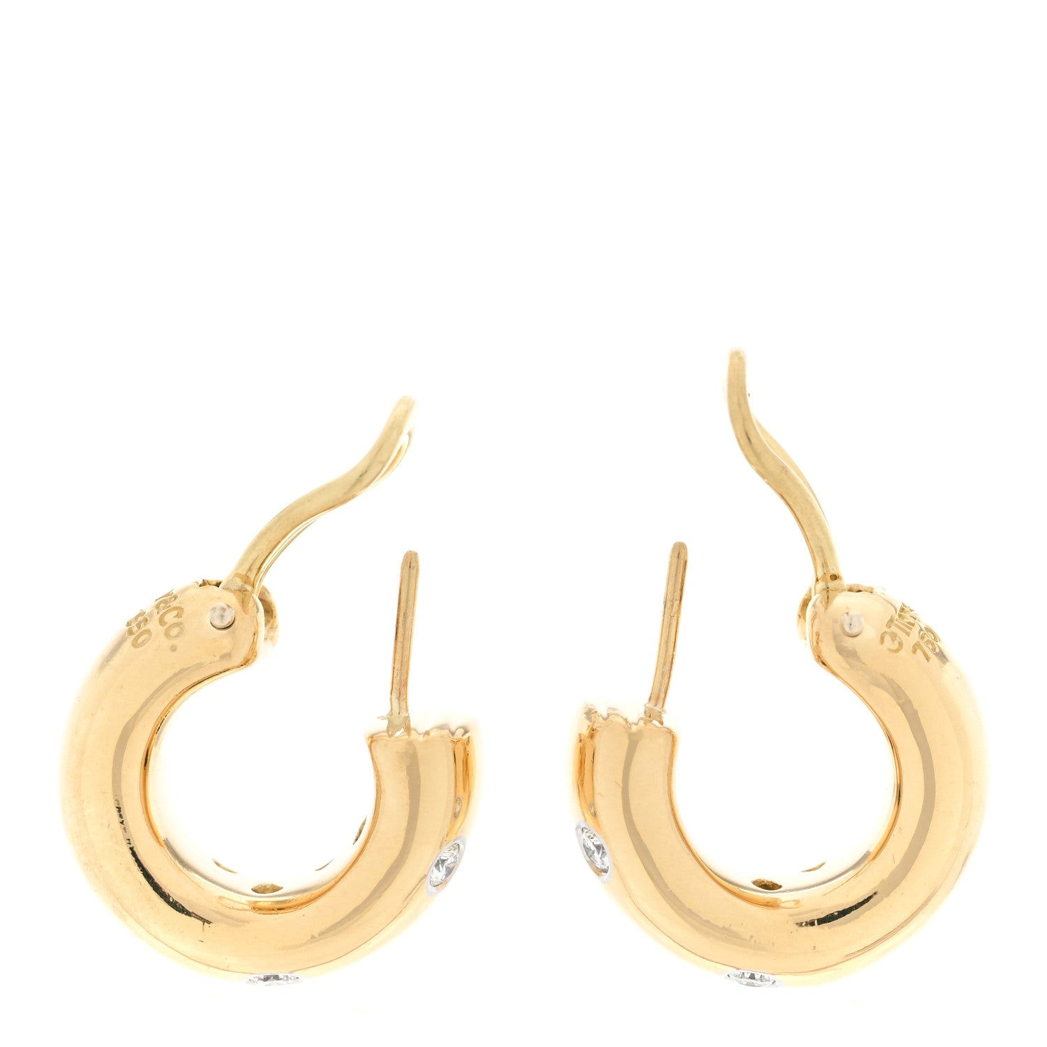 Tiffany 18K Yellow Gold Platinum Diamond Etoile Hoop Earrings 3 of 4