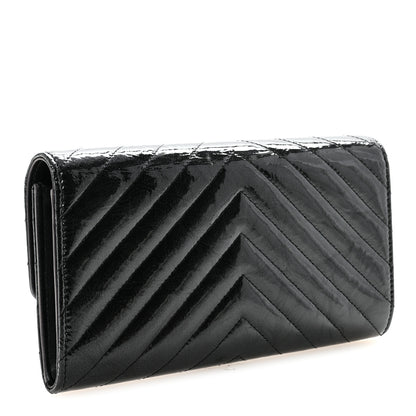 Chanel Patent Metallic Crumpled Calfskin Chevron Quilted Large Gusset Flap Wallet So Black 3 of 9