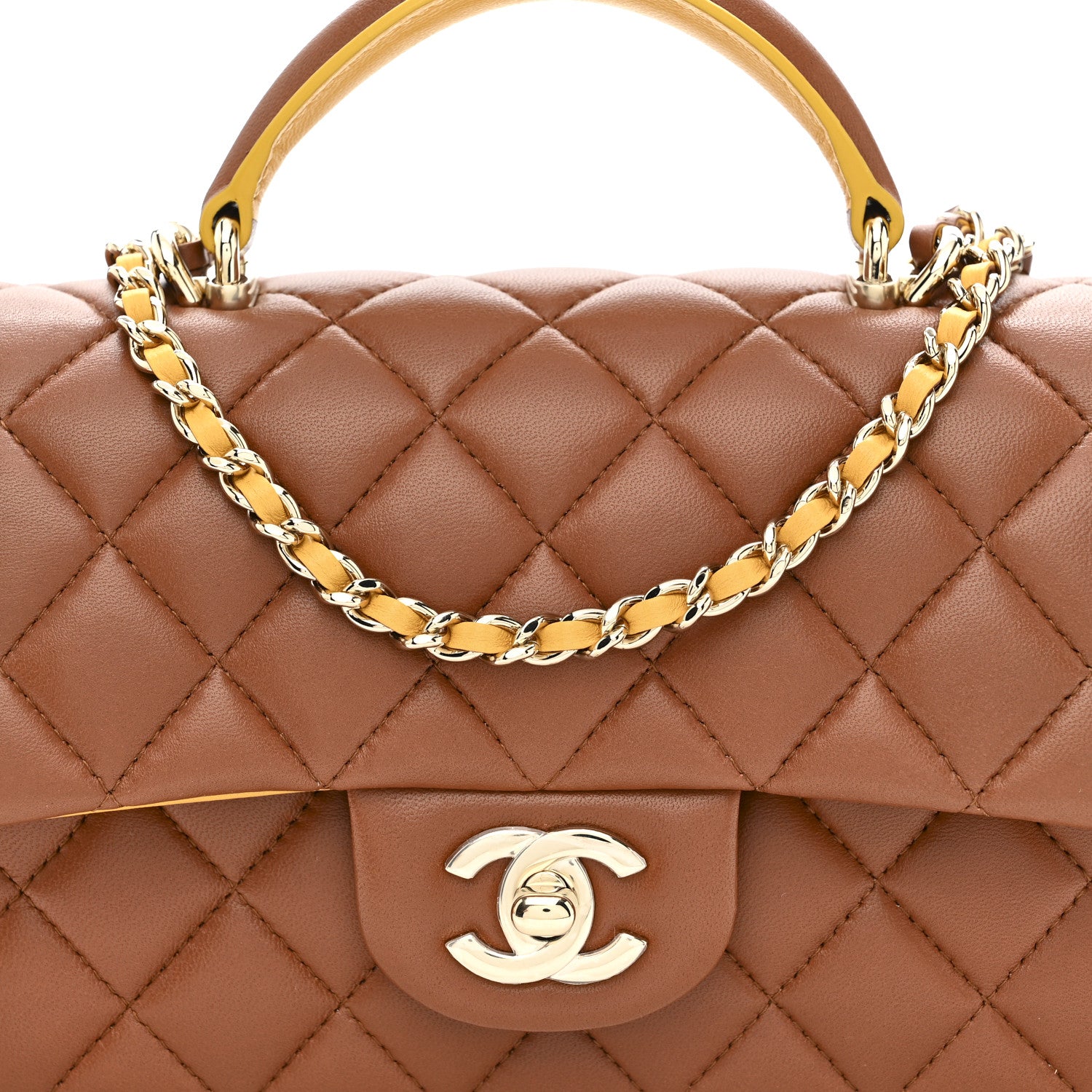 Chanel Lambskin Quilted Bi-Color Mini Top Handle Rectangular Flap Light Brown Yellow 8 of 11