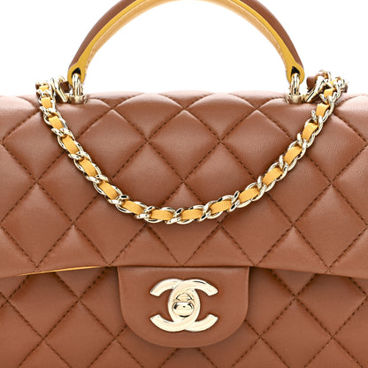 Chanel Lambskin Quilted Bi-Color Mini Top Handle Rectangular Flap Light Brown Yellow 8 of 11