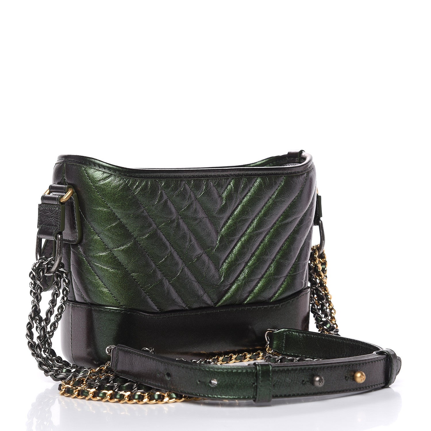 Chanel Metallic Calfskin Chevron Quilted Small Gabrielle Hobo Green 3 of 9