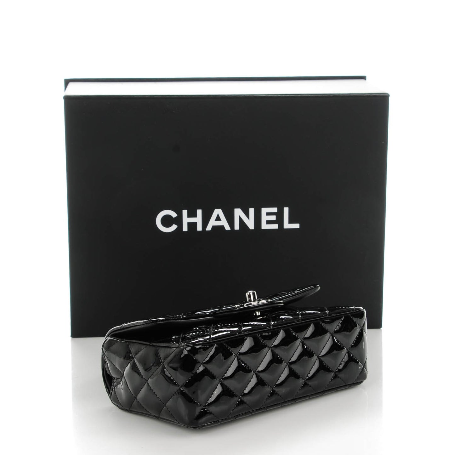 Patent Calfskin Quilted Mini Rectangular Flap Black