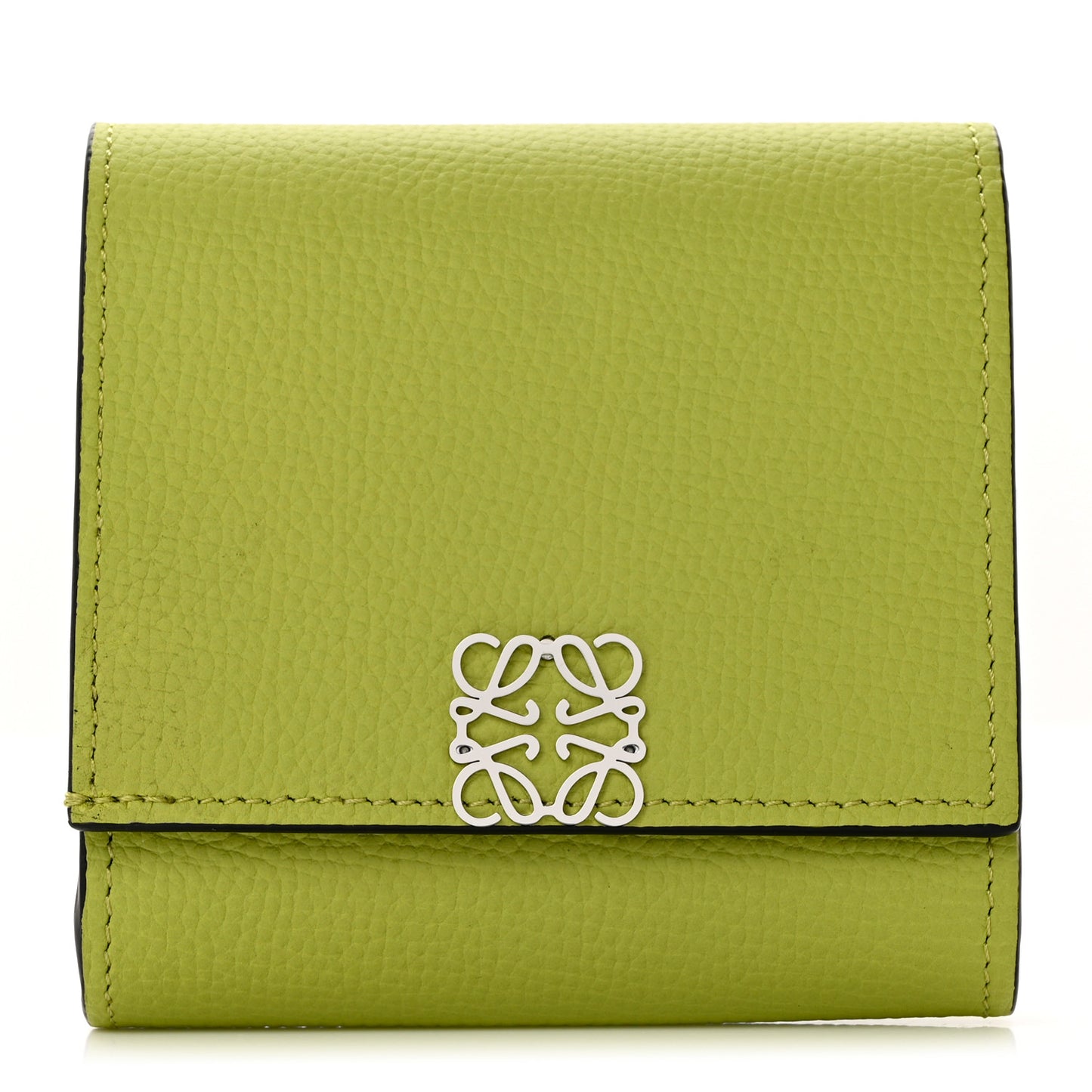 Pebble Grain Calfskin Anagram Compact Flap Wallet Lime Green