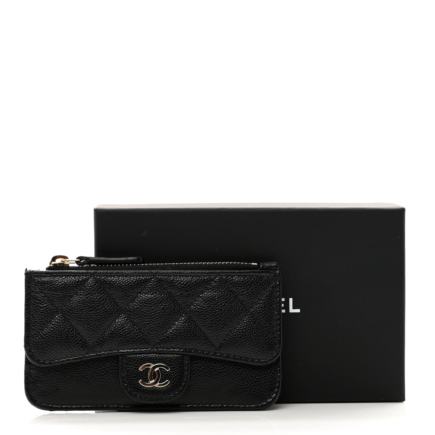 Caviar Quilted Flap Zip Card Holder Black