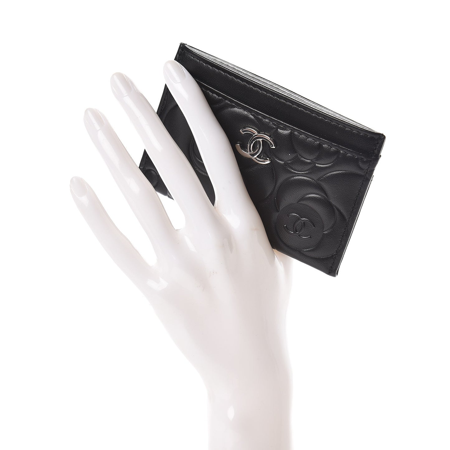 Lambskin Camellia Embossed Card Holder Black