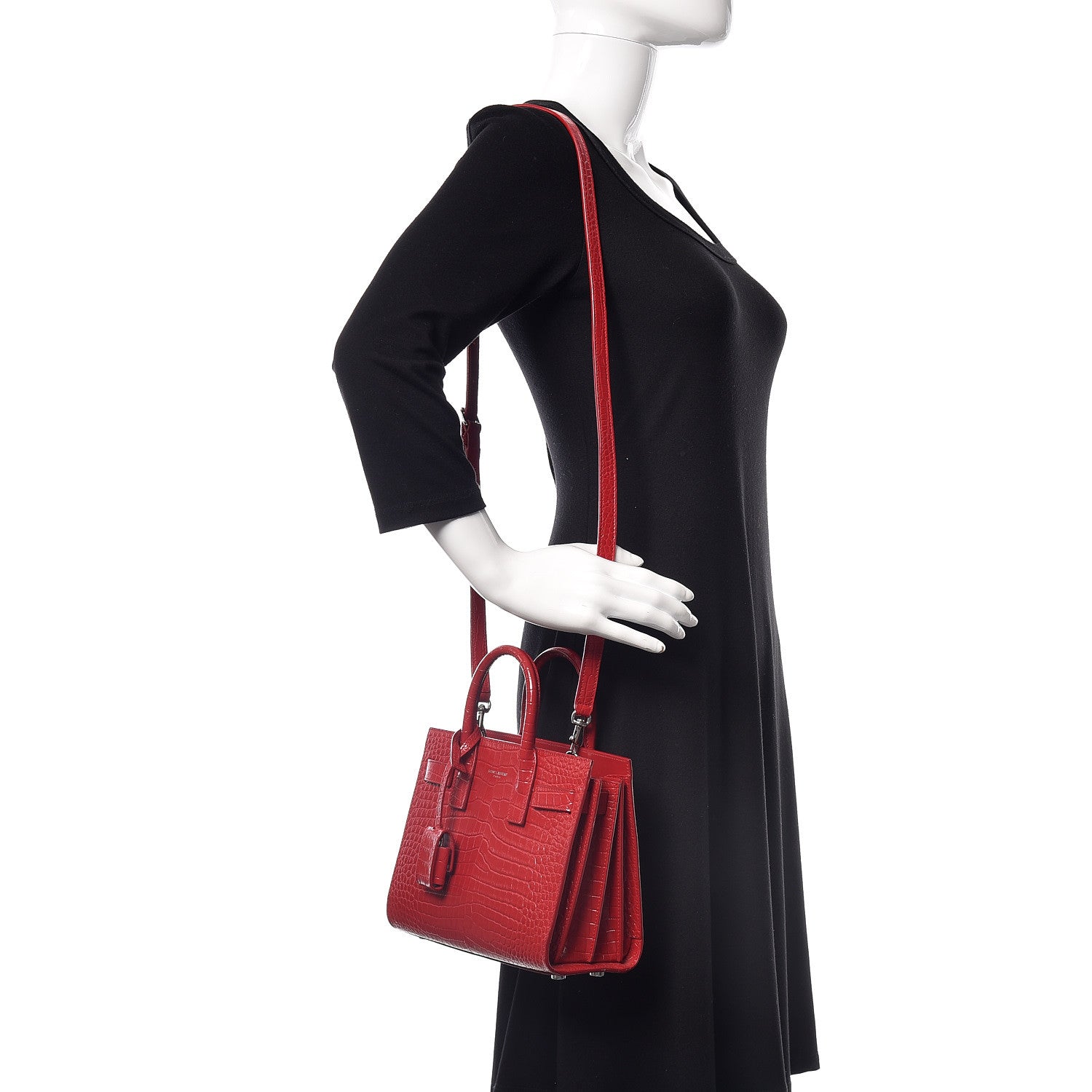 Saint Laurent Calfskin Crocodile Embossed Nano Sac De Jour Dark Red 2 of 10
