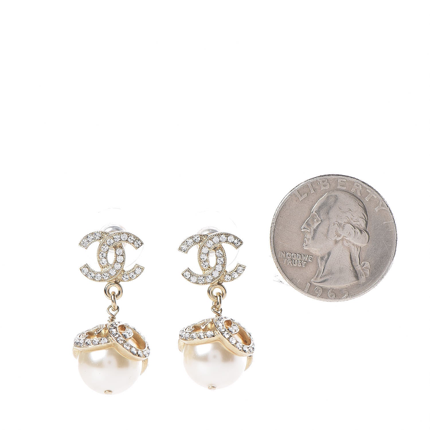 Chanel Crystal Pearl CC Drop Earrings Gold 2 of 6