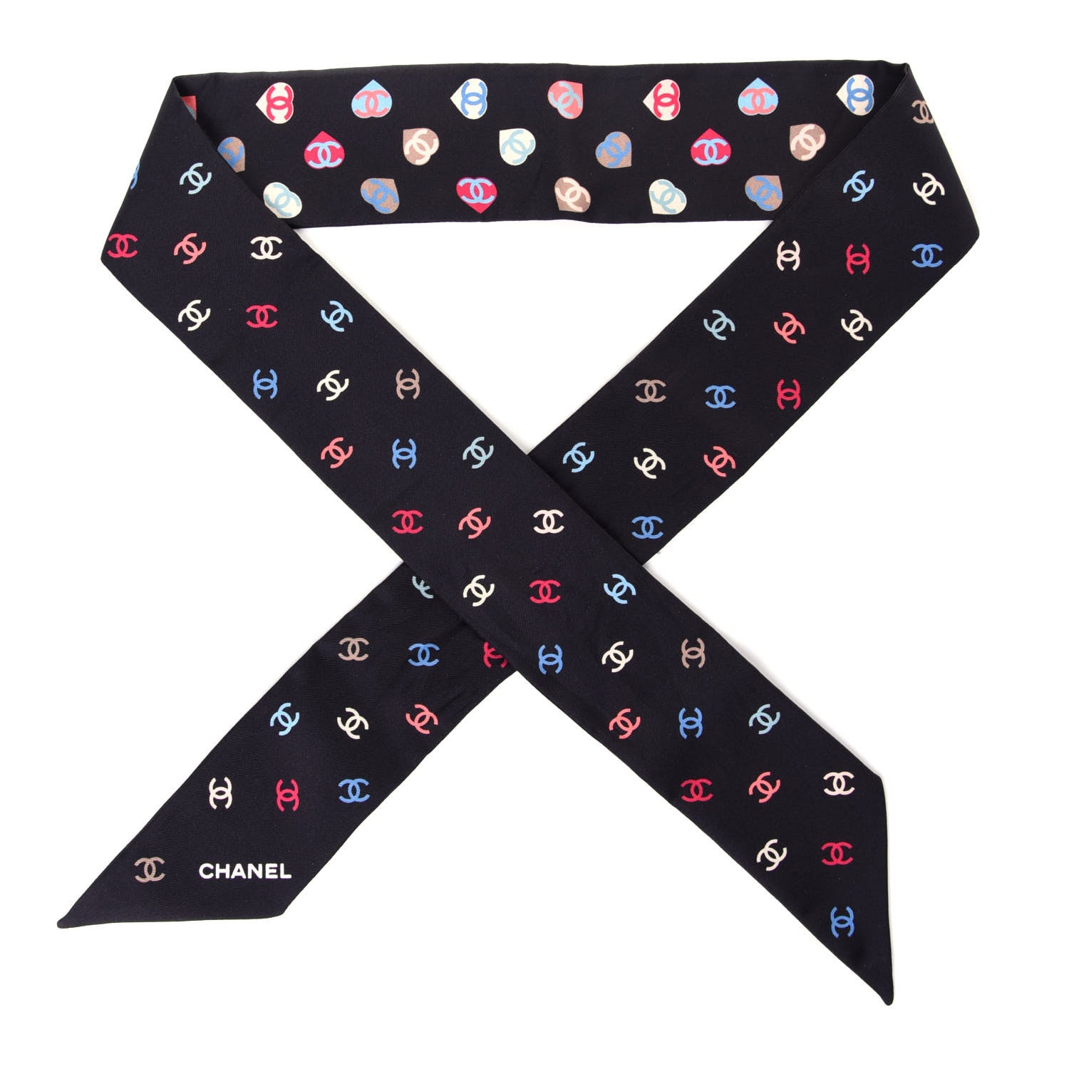 Chanel Silk Heart CC Slim Bandeau Scarf Black 1 of 5