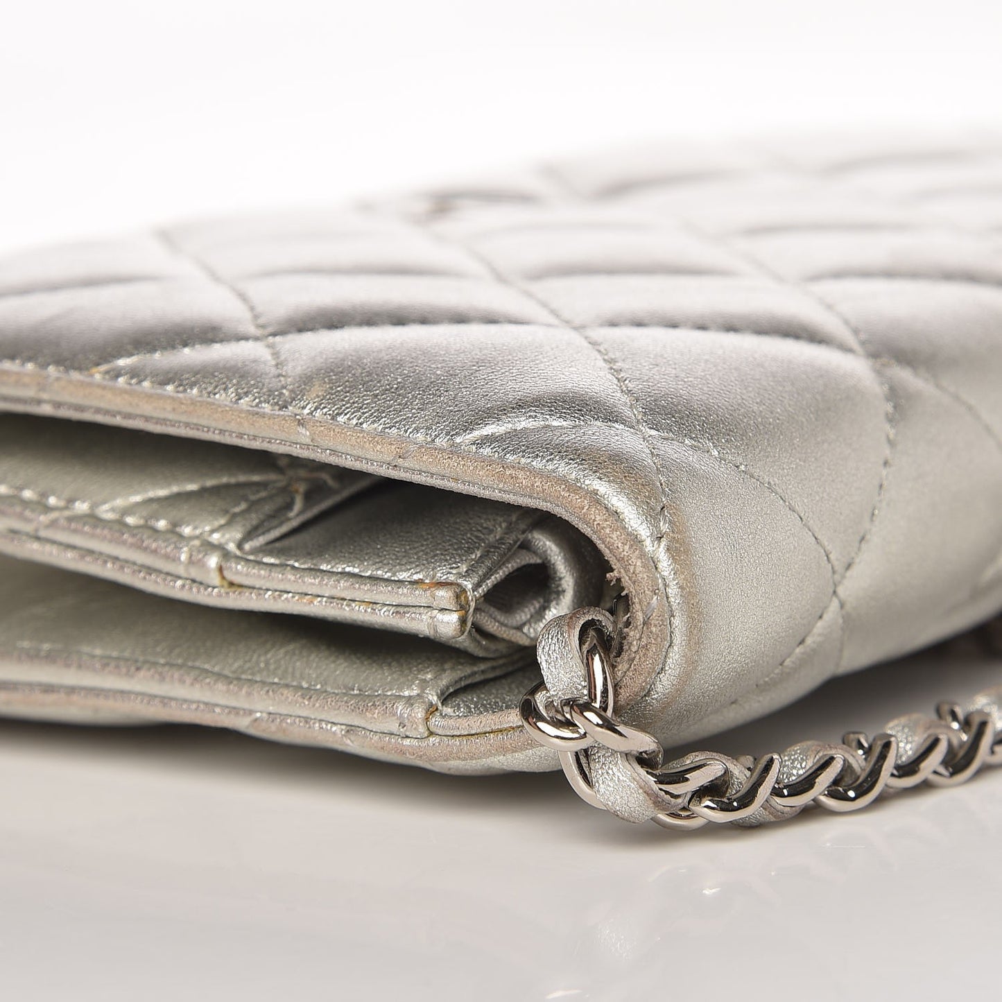 Metallic Lambskin Wallet On Chain WOC Silver