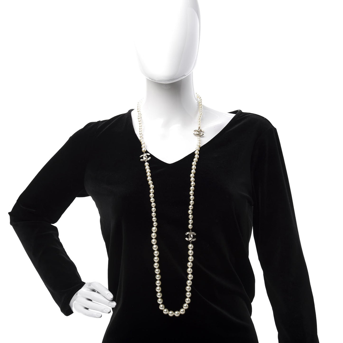 Graduated Pearl Crystal CC Long Necklace Gold Black