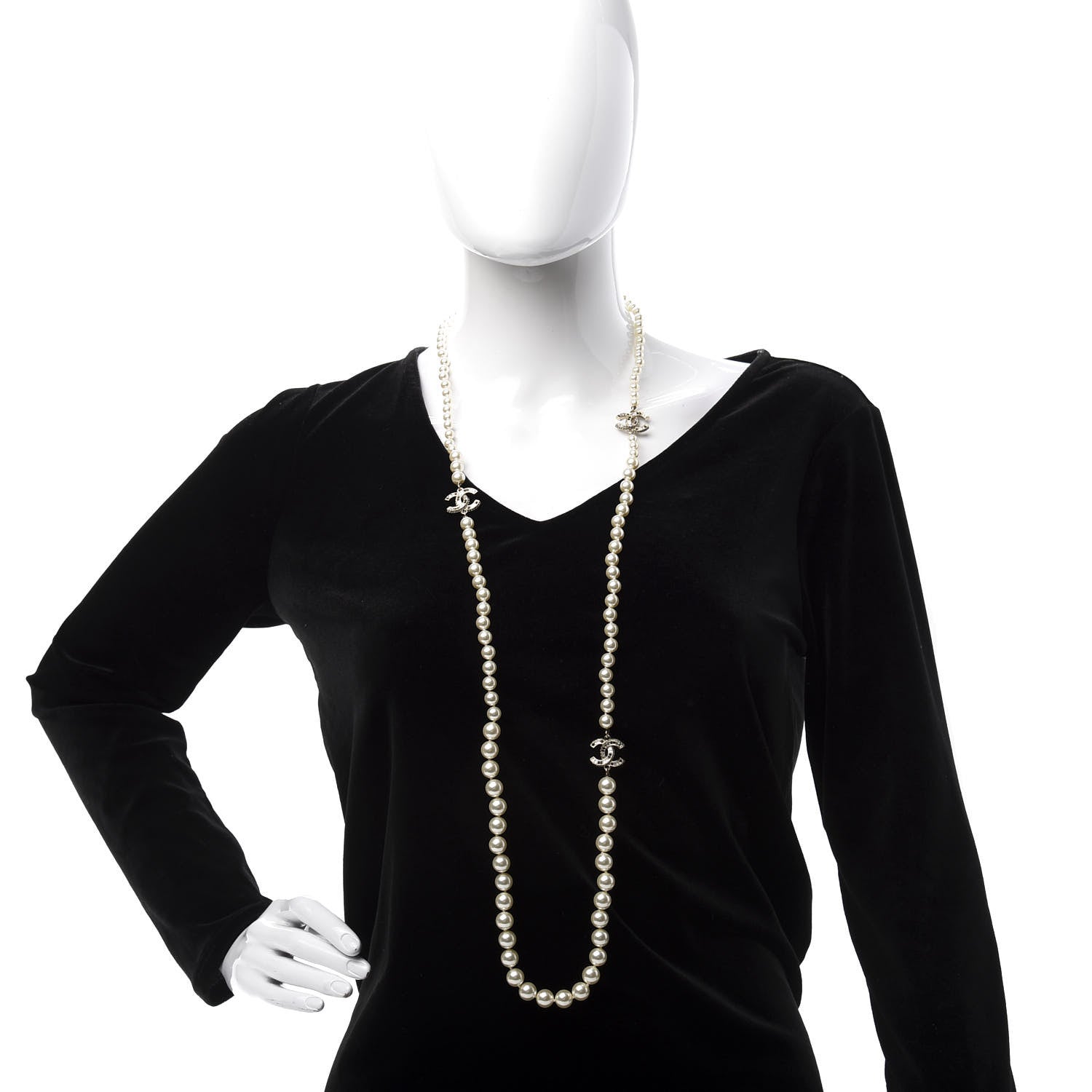 Chanel Graduated Pearl Crystal CC Long Necklace Gold Black 2 of 6