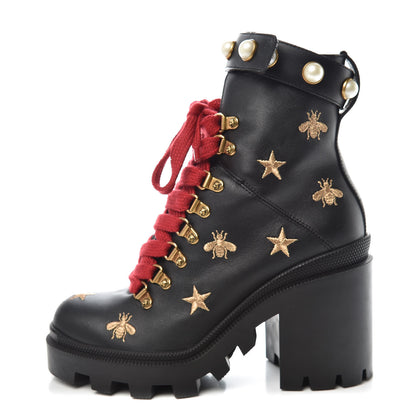 Gucci Calfskin Embroidered Lace Up Combat Ankle Boots 36.5 Black 1 of 8