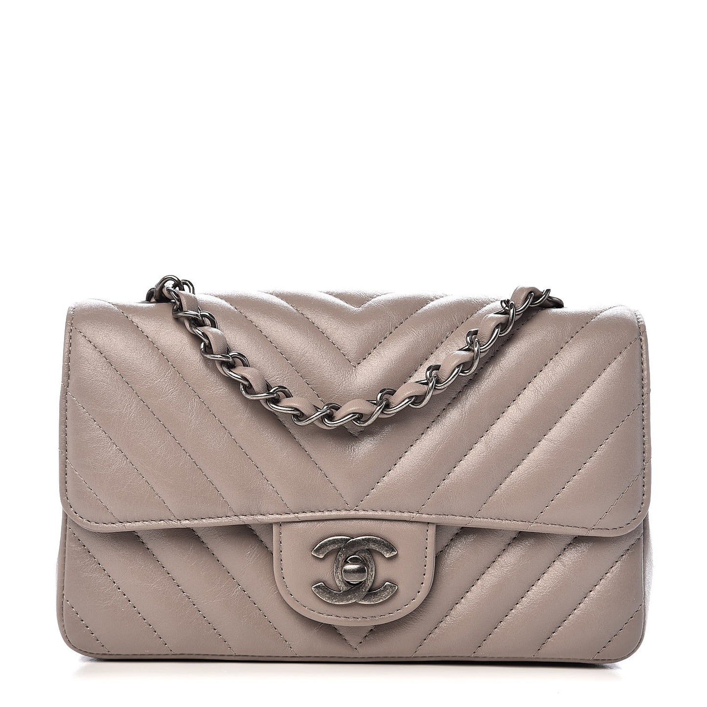 Iridescent Calfskin Chevron Quilted Mini Rectangular Flap Grey