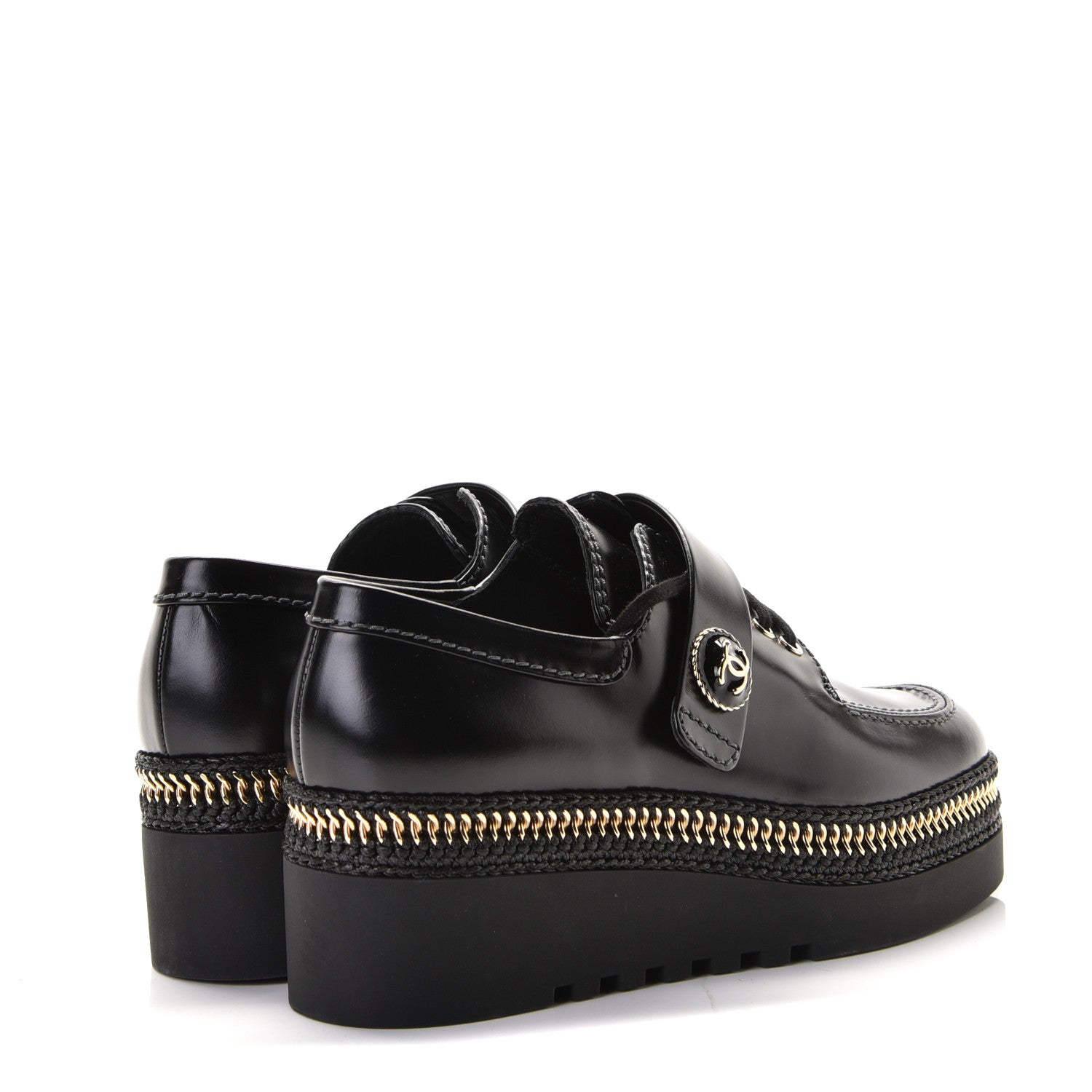 Chanel Shiny Calfskin Lace Up Platform Loafers 36 Black 3 of 8