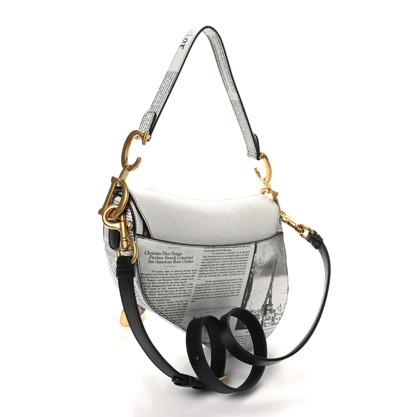 Calfskin Newspaper Printed Saddle Bag With Strap Black White