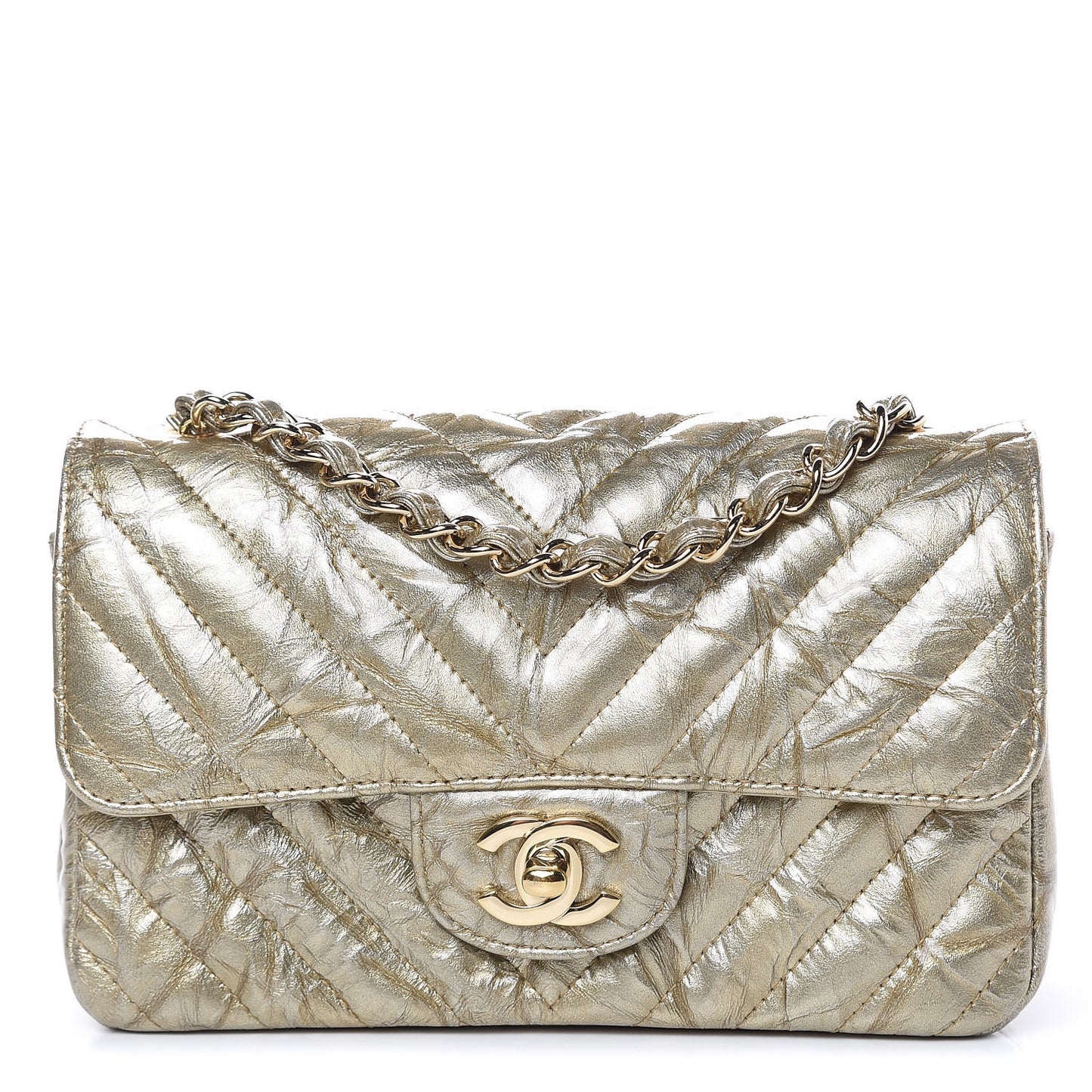 Patent Metallic Crumpled Calfskin Chevron Quilted Mini Rectangular Flap Gold